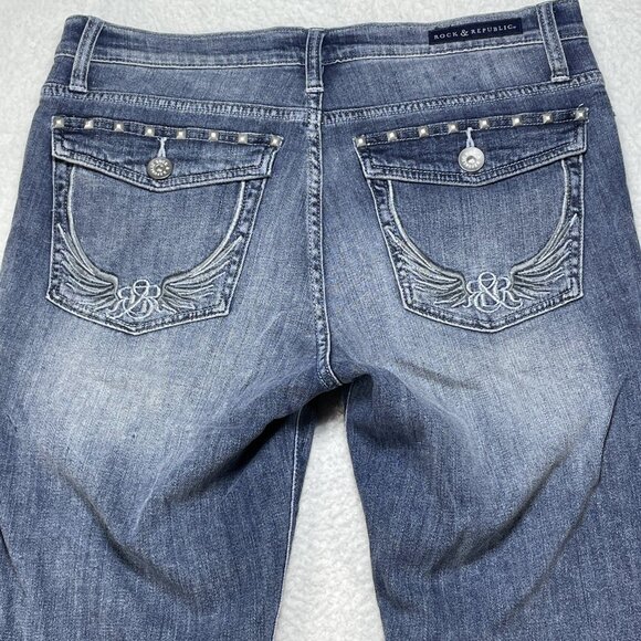Rock & Republic Kasandra Bootcut Size 12 Mid Rise Blue Emrboidered Jeans 33x32 - Picture 4 of 14